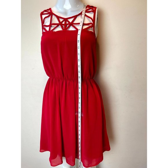 BCX Womens Fit & Flare Mini Dress Caged Top Design Elastic Waist Red Size Small - Picture 3 of 8